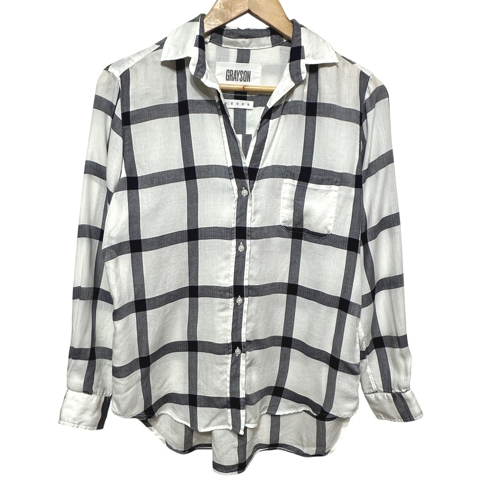 Grayson Frank & Eileen The Hero Button Up Shirt White Navy Plaid Lyocell X-Small